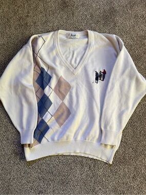 Pringle Cream V-Neck Argyle Sweater with Golf Embroidery